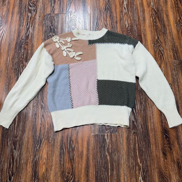 Tea N Rose Floral Sweater Womens Size Large L‎ Spring Pink Green Beige Crochet - Picture 1 of 8